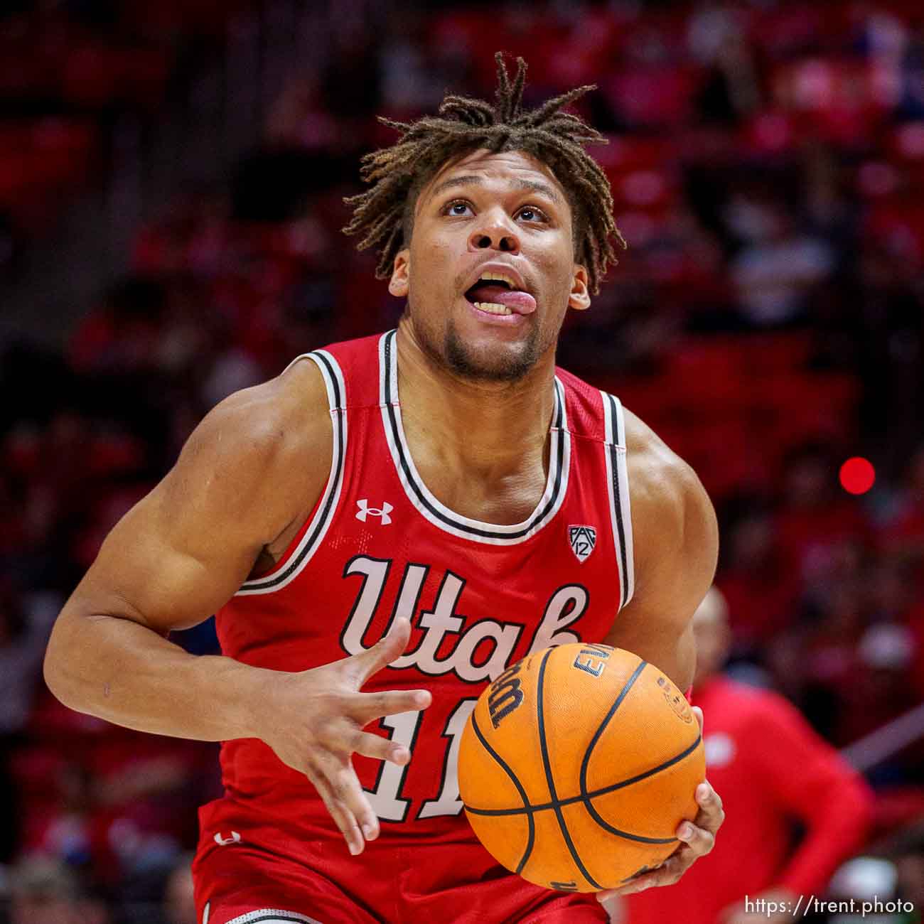 (Trent Nelson  |  The Salt Lake Tribune) Utah Utes guard Wilguens Exacte Jr. (11) as Utah hosts Colorado, NCAA basketball in Salt Lake City on Saturday, Feb. 11, 2023.