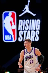 (Trent Nelson  |  The Salt Lake Tribune) Team Deron's Walker Kessler (24) in the Jordan Rising Stars event as part of NBA All-Star Weekend, in Salt Lake City on Friday, Feb. 17, 2023.