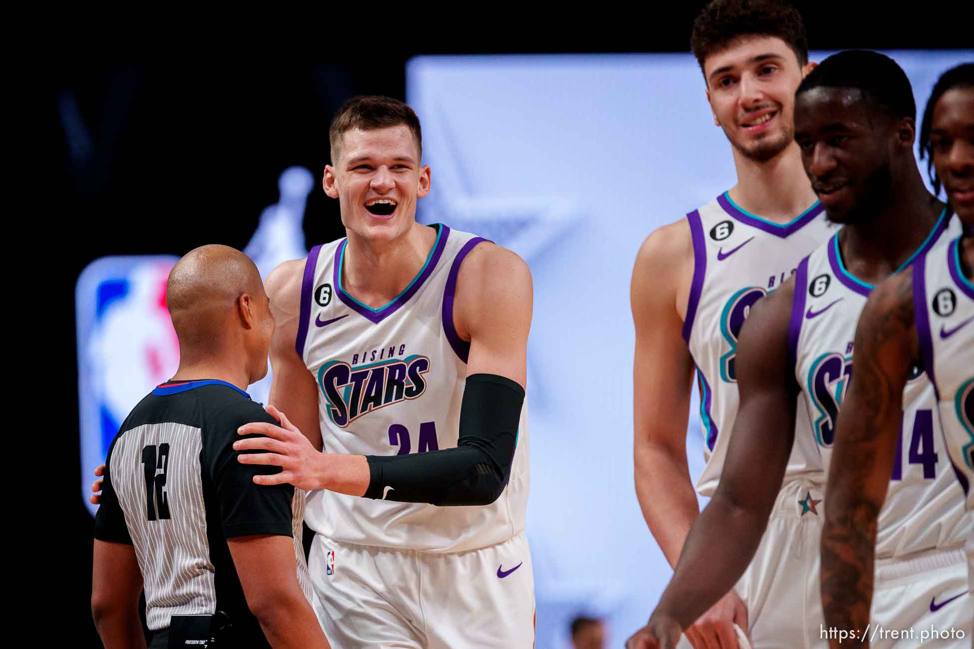 (Trent Nelson  |  The Salt Lake Tribune) Team Deron's Walker Kessler (24) in the Jordan Rising Stars event as part of NBA All-Star Weekend, in Salt Lake City on Friday, Feb. 17, 2023.