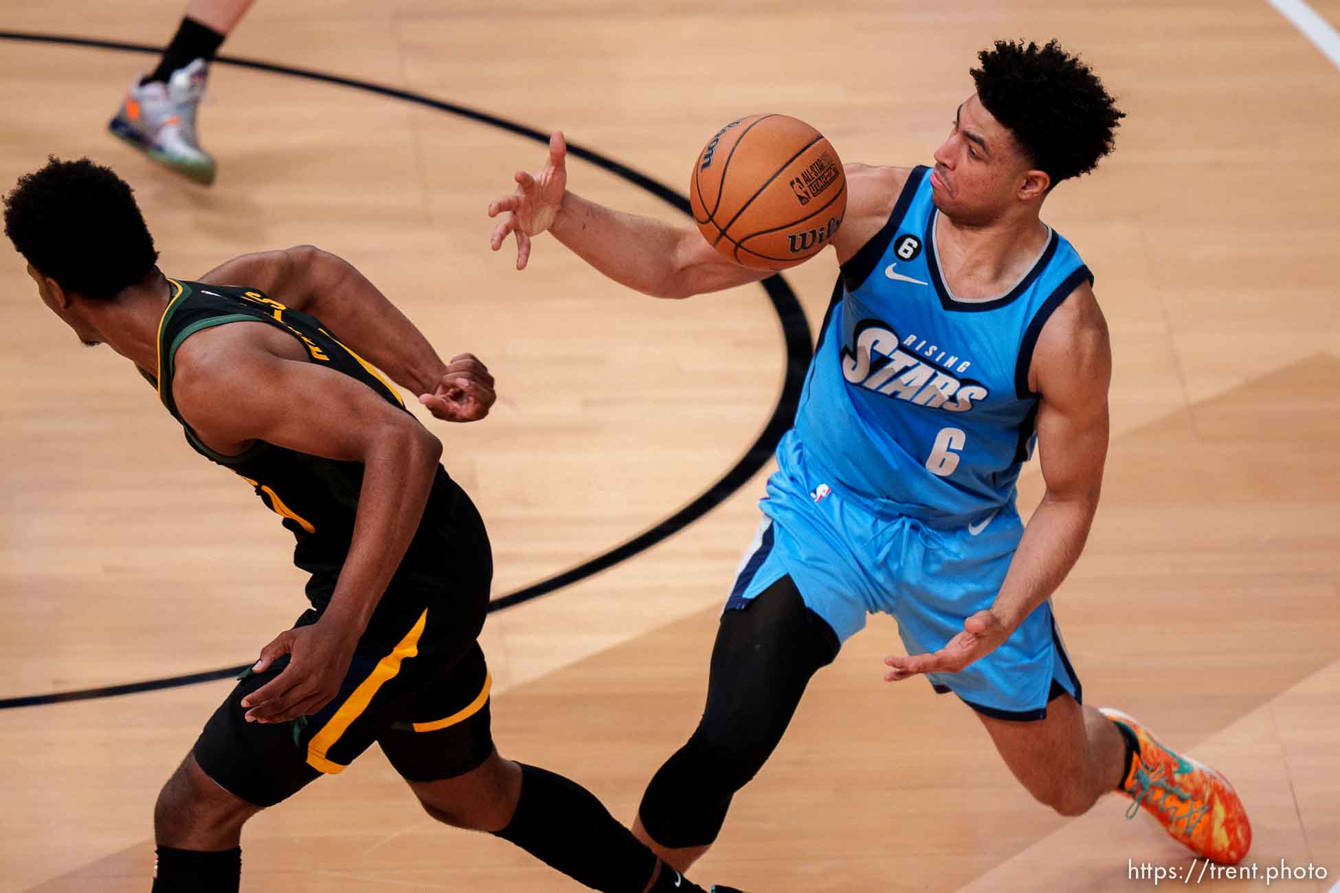 (Trent Nelson  |  The Salt Lake Tribune) Team Joakim's Quentin Grimes (6) steals the ball from Team Jason's Scoot Henderson (0), leading to his game-winning three-pointer, in the Jordan Rising Stars event as part of NBA All-Star Weekend, in Salt Lake City on Friday, Feb. 17, 2023.