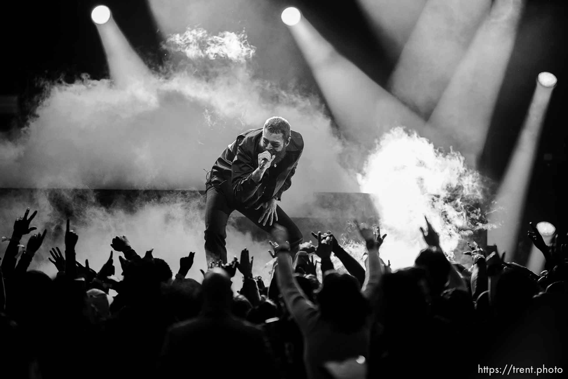 (Trent Nelson  |  The Salt Lake Tribune) Post Malone performs at the NBA All-Star game in Salt Lake City on Sunday, Feb. 19, 2023.