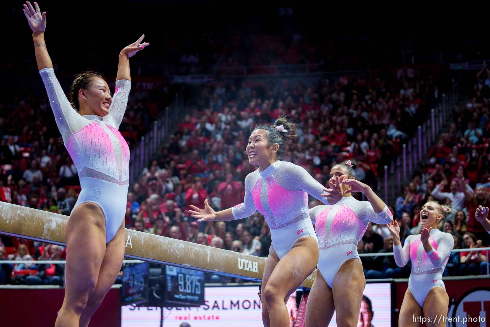 (Trent Nelson  |  The Salt Lake Tribune) Kara Eaker scores a 9.975 on the beam as Utah hosts California, NCAA gymnastics in Salt Lake City on Friday, Feb. 24, 2023.