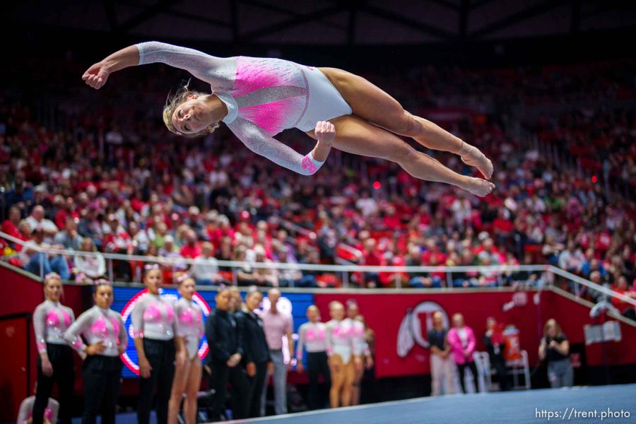 (Trent Nelson  |  The Salt Lake Tribune) Jaylene Gilstrap on the floor as Utah hosts California, NCAA gymnastics in Salt Lake City on Friday, Feb. 24, 2023.