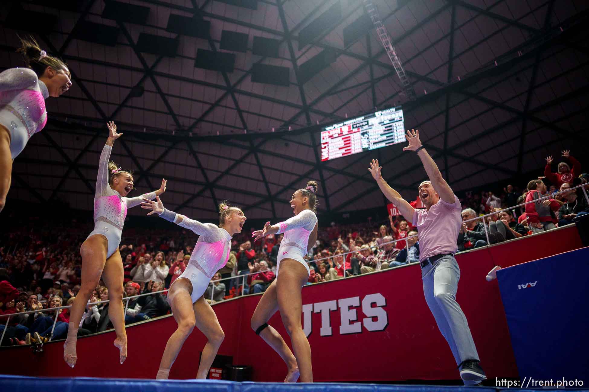 (Trent Nelson  |  The Salt Lake Tribune) Jaedyn Rucker celebrates a 10 on the vault as Utah hosts California, NCAA gymnastics in Salt Lake City on Friday, Feb. 24, 2023.