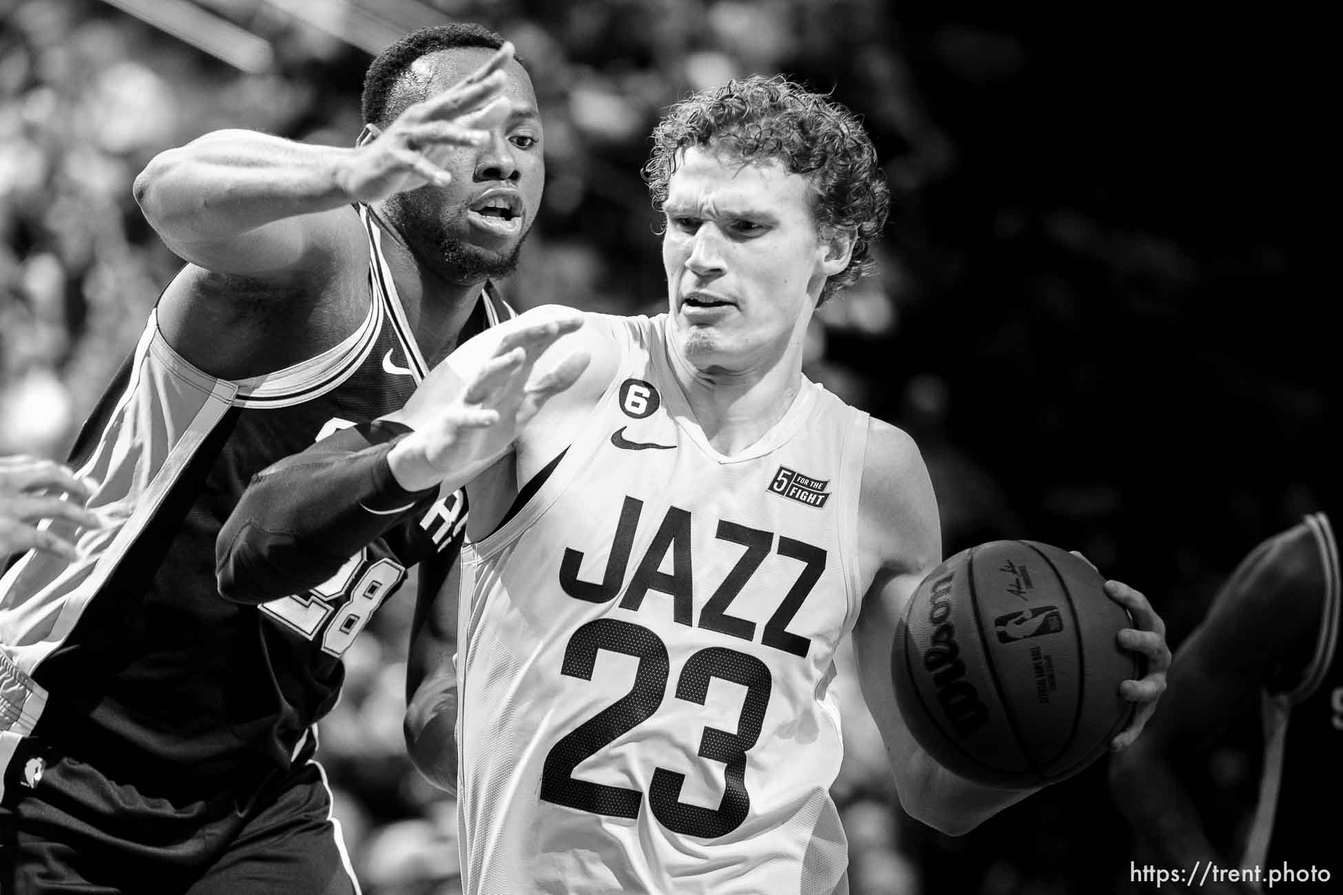 (Trent Nelson  |  The Salt Lake Tribune) Utah Jazz forward Lauri Markkanen (23) as the Utah Jazz host the San Antonio Spurs, NBA basketball in Salt Lake City on Tuesday, Feb. 28, 2023.
