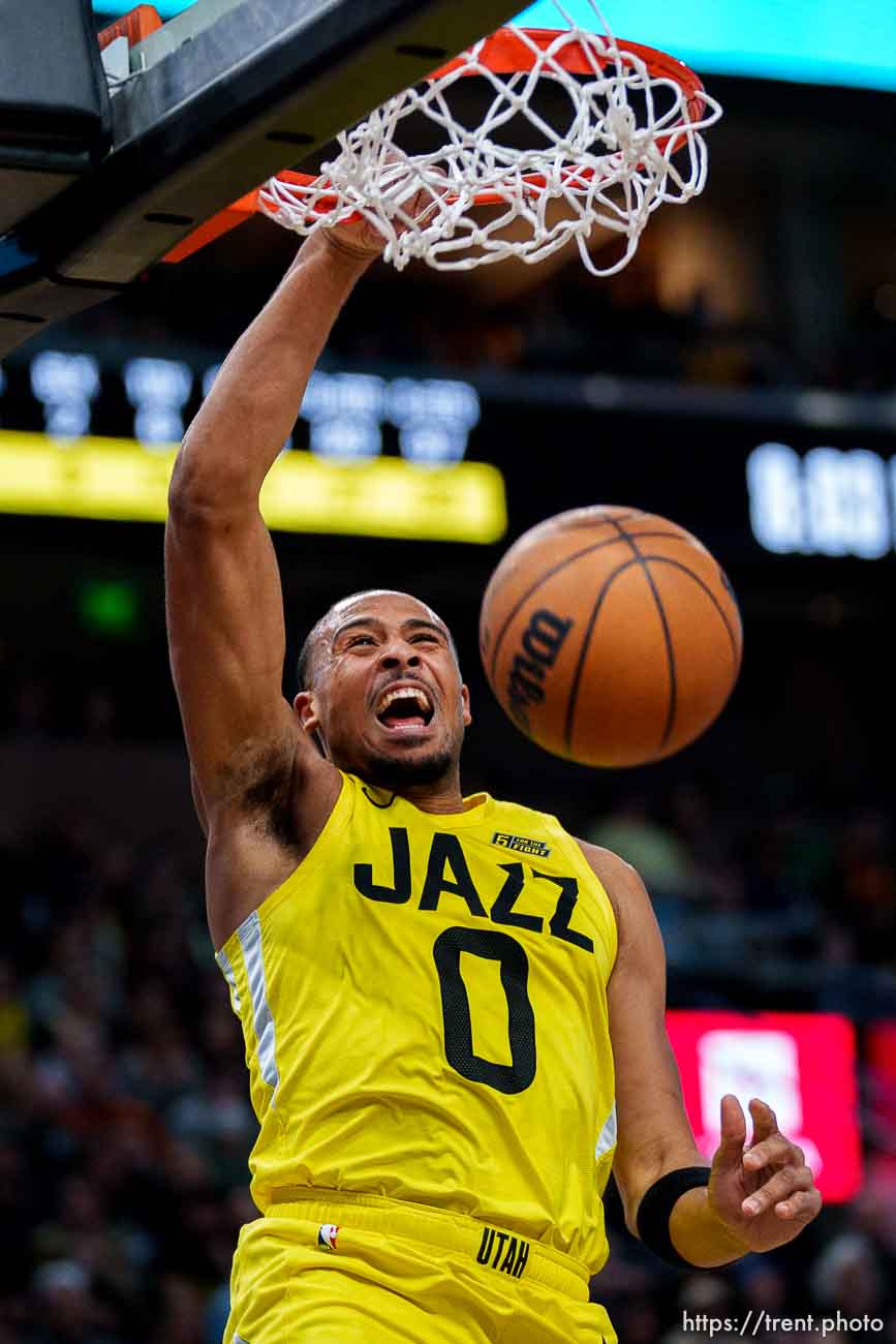 (Trent Nelson  |  The Salt Lake Tribune) Utah Jazz guard Talen Horton-Tucker (0) dunks the ball as the Utah Jazz host the San Antonio Spurs, NBA basketball in Salt Lake City on Tuesday, Feb. 28, 2023.