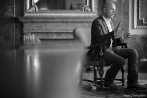 (Trent Nelson  |  The Salt Lake Tribune) Gov. Spencer Cox talks in Salt Lake City on the last day of the legislative session, Friday, March 3, 2023.