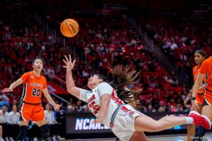 (Trent Nelson  |  The Salt Lake Tribune) Utah Utes forward Alissa Pili (35) makes an improbable diving shot and is fouled as Utah hosts Princeton, NCAA basketball in Salt Lake City on Sunday, March 19, 2023.