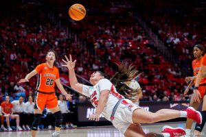 (Trent Nelson  |  The Salt Lake Tribune) Utah Utes forward Alissa Pili (35) makes an improbable diving shot and is fouled as Utah hosts Princeton, NCAA basketball in Salt Lake City on Sunday, March 19, 2023.