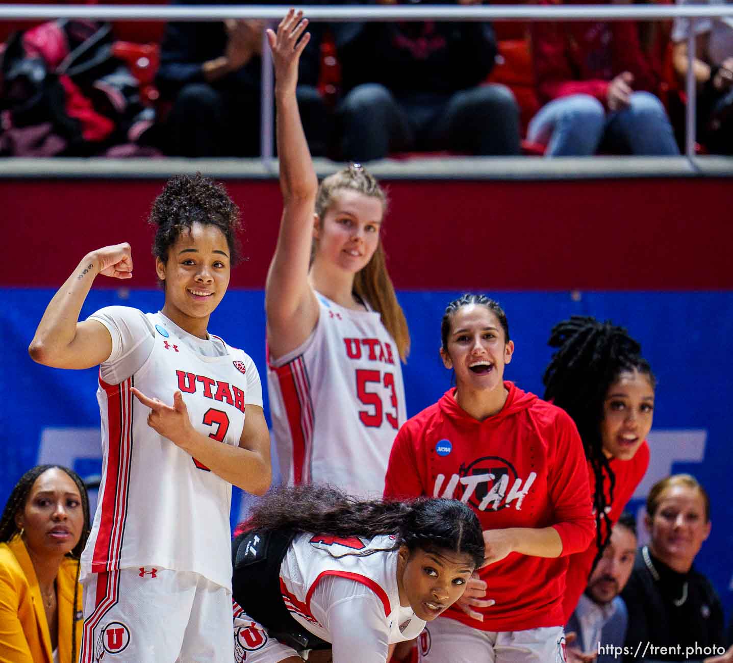 (Trent Nelson  |  The Salt Lake Tribune) Utah Utes guard Lani White (3) celebrates a Utah Utes forward Alissa Pili (35) score as Utah hosts Princeton, NCAA basketball in Salt Lake City on Sunday, March 19, 2023.