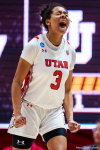 (Trent Nelson  |  The Salt Lake Tribune) Utah Utes guard Lani White (3) celebrates as Utah hosts Princeton, NCAA basketball in Salt Lake City on Sunday, March 19, 2023.