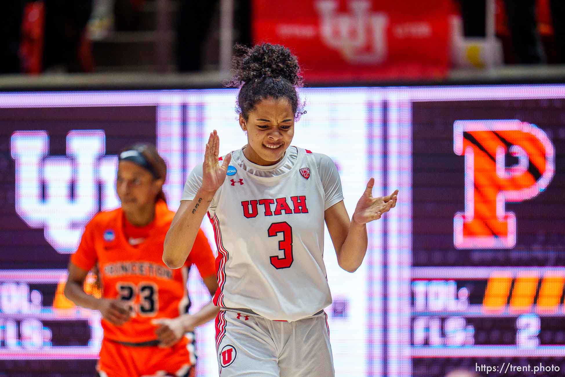 (Trent Nelson  |  The Salt Lake Tribune) Utah Utes guard Lani White (3) celebrates as Utah hosts Princeton, NCAA basketball in Salt Lake City on Sunday, March 19, 2023.