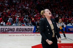 (Trent Nelson  |  The Salt Lake Tribune) Utah Utes head coach Lynne Roberts celebrates the win as Utah hosts Princeton, NCAA basketball in Salt Lake City on Sunday, March 19, 2023.