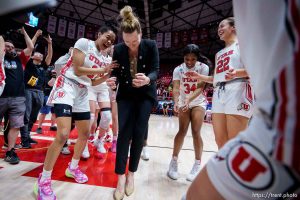 (Trent Nelson  |  The Salt Lake Tribune) Utah Utes head coach Lynne Roberts does a dance after the win as Utah hosts Princeton, NCAA basketball in Salt Lake City on Sunday, March 19, 2023.