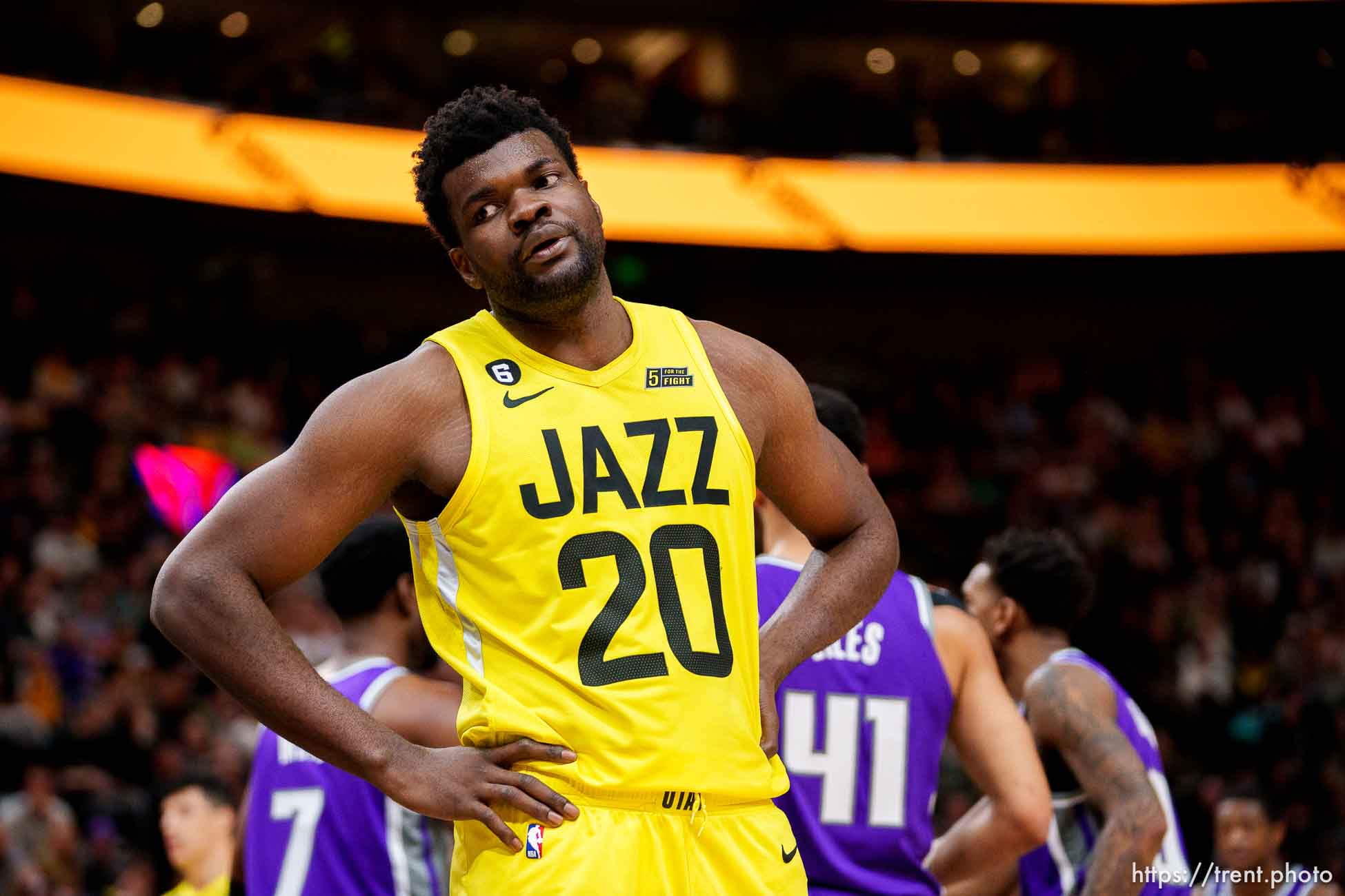 (Trent Nelson  |  The Salt Lake Tribune) Utah Jazz center Udoka Azubuike (20) reacts to Sacramento taking the lead in the 4th quarter as the Utah Jazz host the Sacramento Kings, NBA basketball in Salt Lake City on Monday, March 20, 2023.