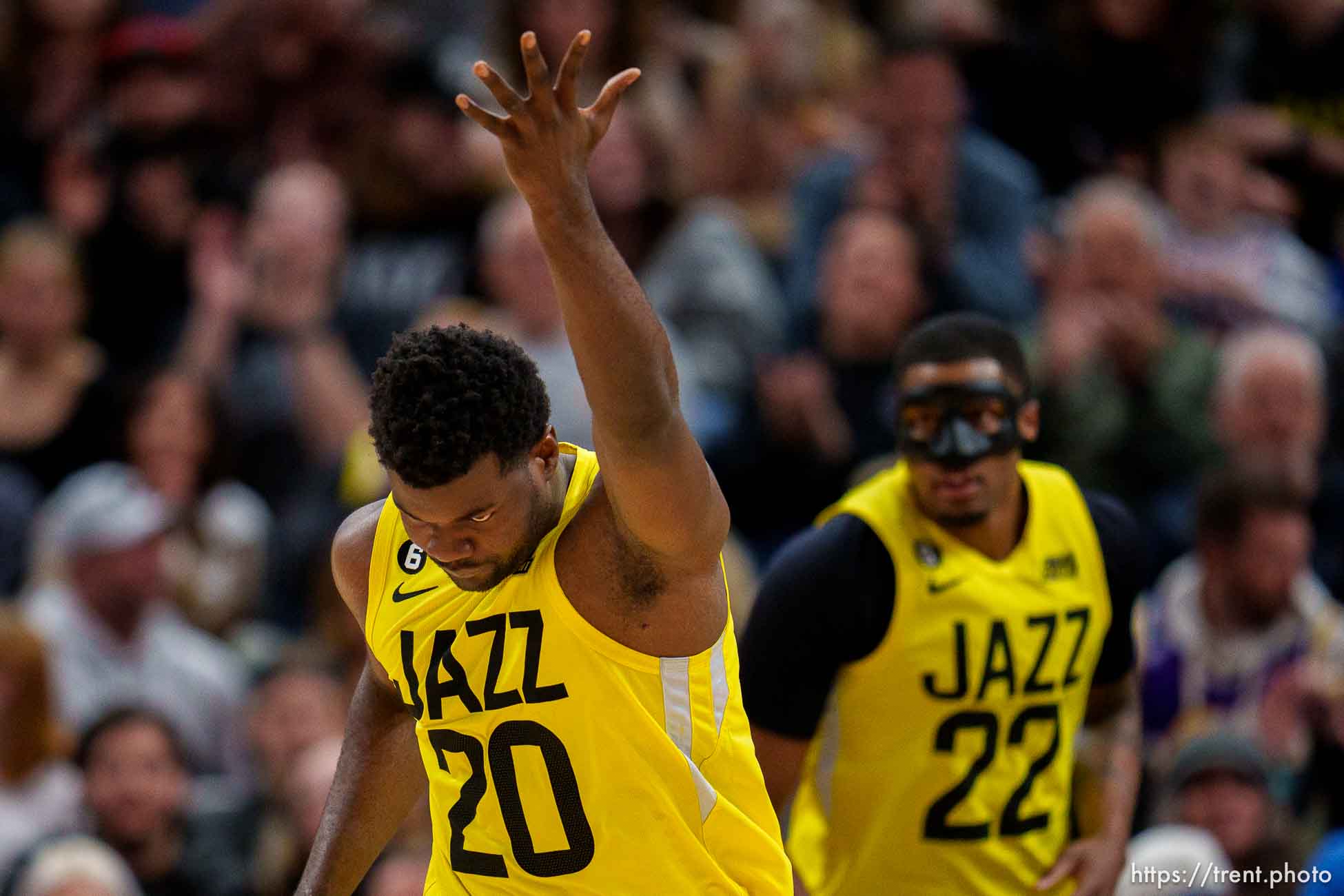 (Trent Nelson  |  The Salt Lake Tribune) Utah Jazz center Udoka Azubuike (20) celebrates a score as the Utah Jazz host the Sacramento Kings, NBA basketball in Salt Lake City on Monday, March 20, 2023.