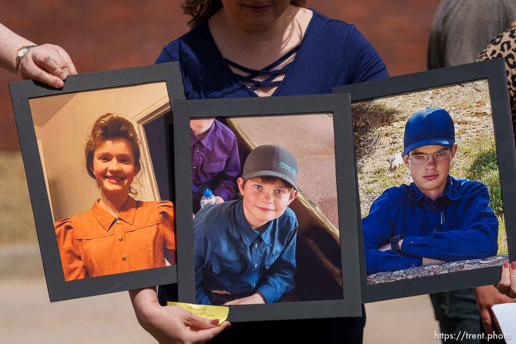 (Trent Nelson  |  The Salt Lake Tribune) Photographs of Lorraine Jessop's three missing children at a news conference to draw attention to missing FLDS children in Cedar City on Monday, April 17, 2023.