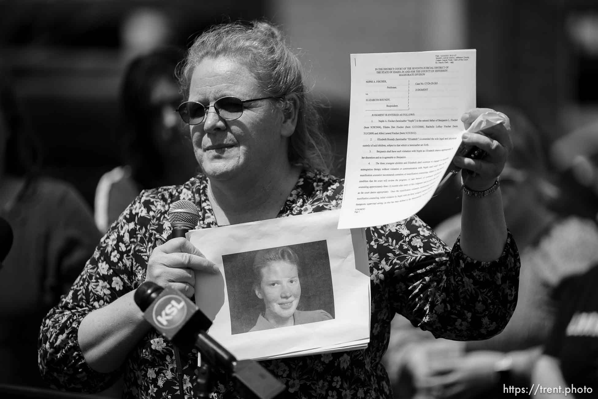 (Trent Nelson  |  The Salt Lake Tribune) Elizabeth Roundy at a news conference to draw attention to missing FLDS children, in Cedar City on Monday, April 17, 2023.