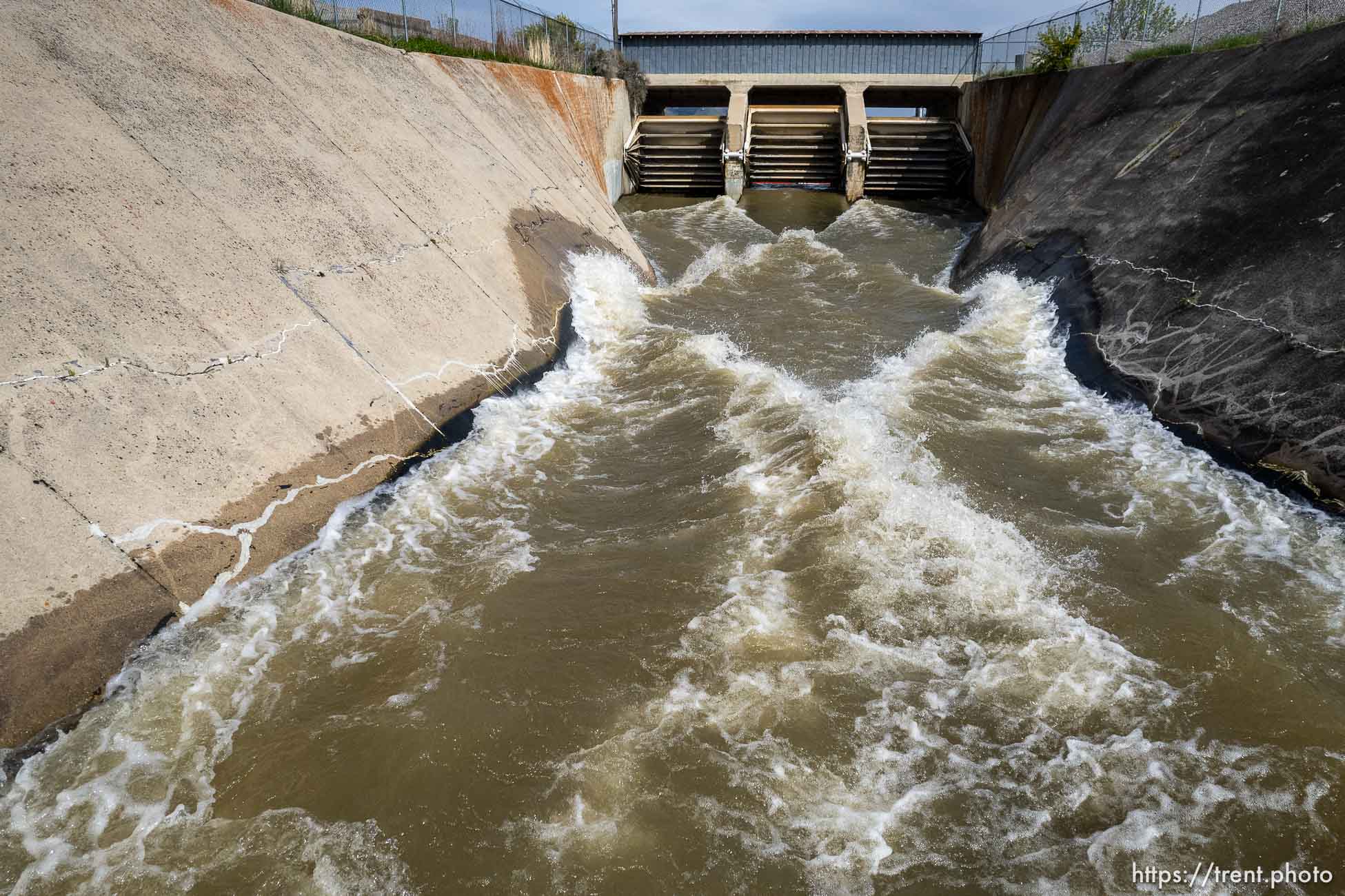 (Trent Nelson  |  The Salt Lake Tribune) A record amount of runoff flows through the Hyrum Dam spillway on Thursday, May 18, 2023.