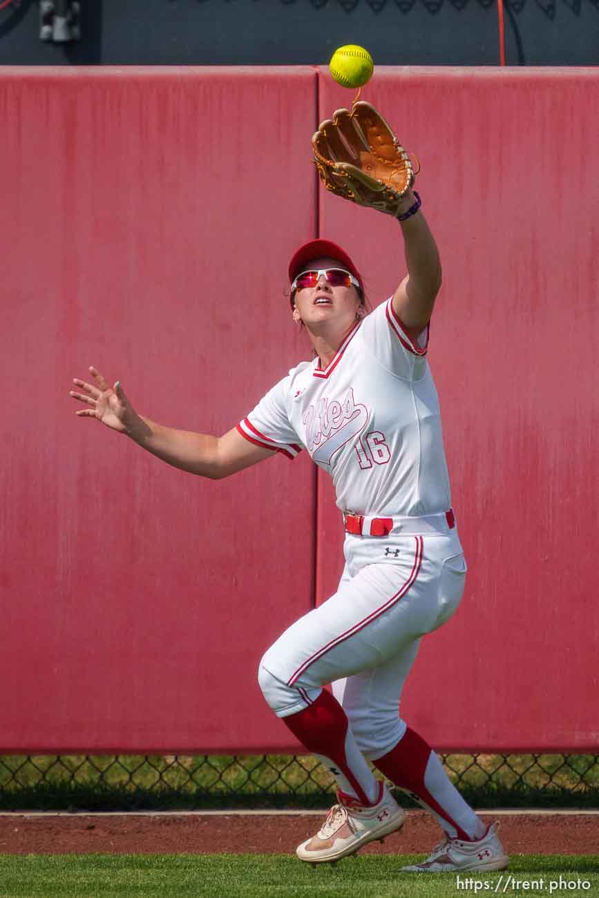 (Trent Nelson  |  The Salt Lake Tribune) Utah outfielder Abby Dayton (16) makes a catch as Utah's softball team faces Southern Illinois in the NCAA Tournament in Salt Lake City on Friday, May 19, 2023.