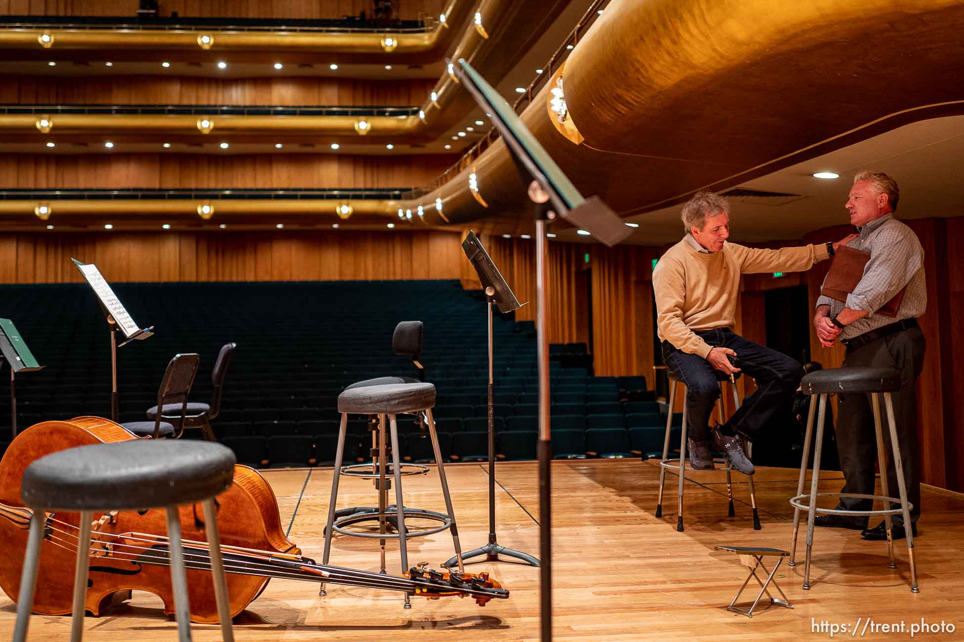 (Trent Nelson  |  The Salt Lake Tribune) Thierry Fischer with David Green, COO, before conducting a rehearsal of the Utah Symphony at Abravanel Hall in Salt Lake City on Wednesday, May 24, 2023.