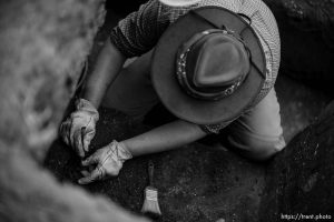 (Trent Nelson  |  The Salt Lake Tribune) Faculty and students from BYU's 2023 Archaeological Field School explore the remains of a 1000-year-old Fremont Indian village at the Hinckley Mounds in west Provo on Wednesday, June 14, 2023. Jacob Robinson