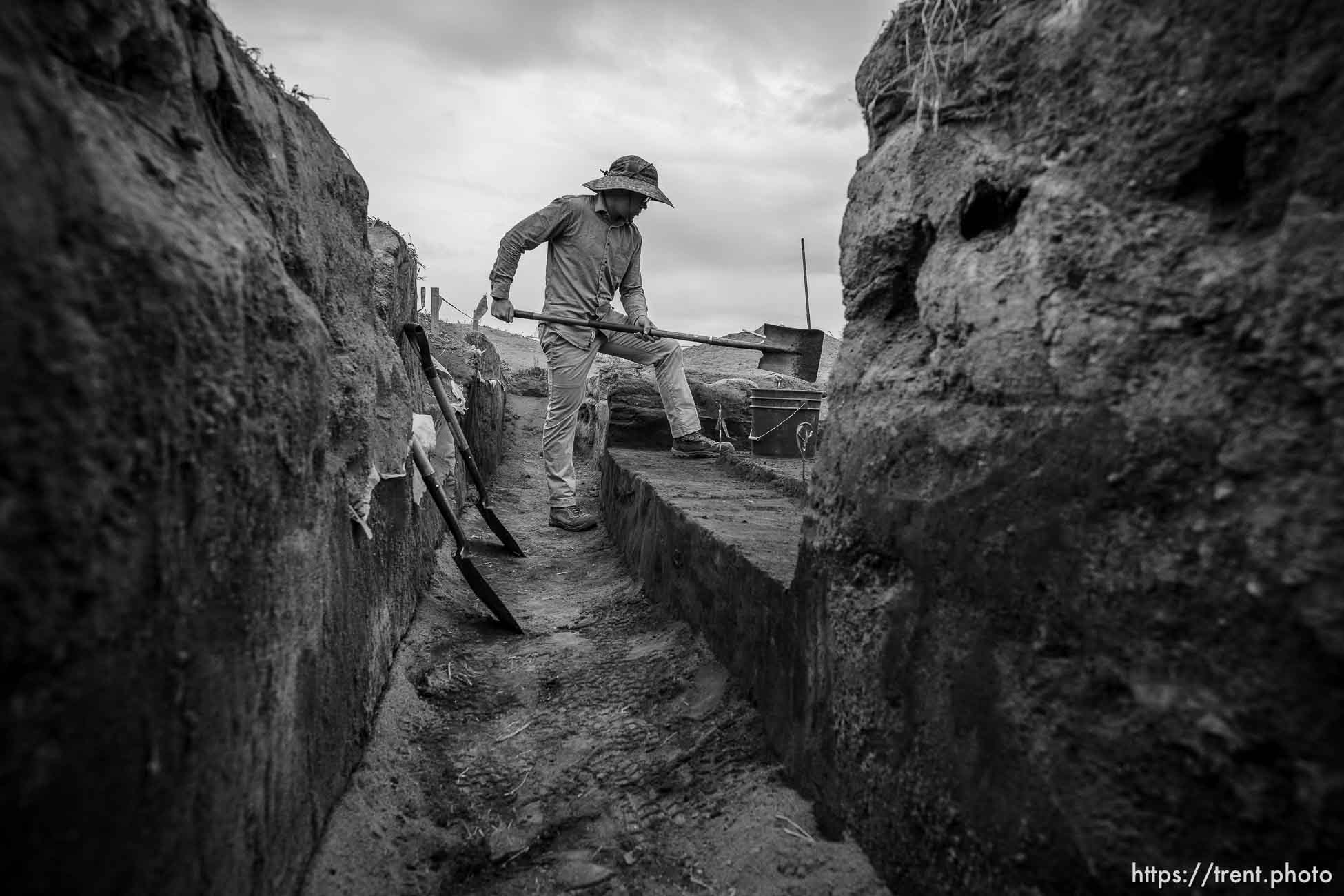 (Trent Nelson  |  The Salt Lake Tribune) Mason Lee works as part of BYU's 2023 Archaeological Field School in Provo on Wednesday, June 14, 2023.