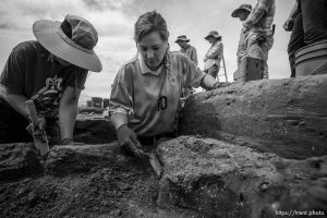 (Trent Nelson  |  The Salt Lake Tribune) Katie Klabacka and Carolina Corrales explore the remains of a 1000-year-old Fremont village in west Provo on Wednesday, June 14, 2023.