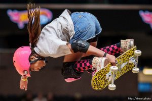 (Trent Nelson  |  The Salt Lake Tribune) Arisa Trew, 2nd in the women's semifinals, Tony Hawk's Vert Alert in Salt Lake City on Friday, June 23, 2023.