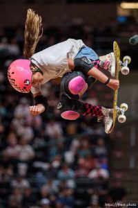 (Trent Nelson  |  The Salt Lake Tribune) Arisa Trew, 2nd in the women's semifinals, Tony Hawk's Vert Alert in Salt Lake City on Friday, June 23, 2023.