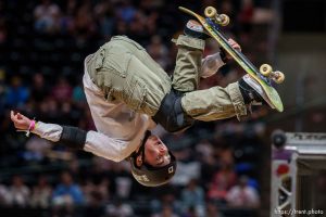 (Trent Nelson  |  The Salt Lake Tribune) Jordan Santana does a McTwist in the women's semifinals, Tony Hawk's Vert Alert in Salt Lake City on Friday, June 23, 2023.