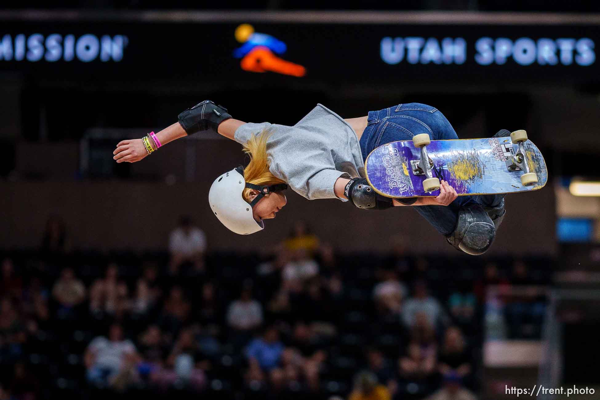 (Trent Nelson  |  The Salt Lake Tribune) Asahi Kaihara, 1st in the women's semifinals, Tony Hawk's Vert Alert in Salt Lake City on Friday, June 23, 2023.