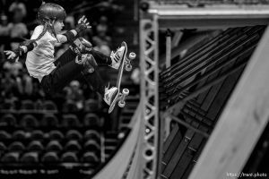 (Trent Nelson  |  The Salt Lake Tribune) Reese Nelson, 3rd in the women's semifinals, Tony Hawk's Vert Alert in Salt Lake City on Friday, June 23, 2023.