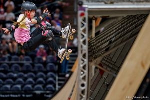 (Trent Nelson  |  The Salt Lake Tribune) Reese Nelson, 3rd in the women's semifinals, Tony Hawk's Vert Alert in Salt Lake City on Friday, June 23, 2023.