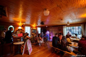 (Trent Nelson  |  The Salt Lake Tribune) Max Steele performs at the Carriage House Sessions open mic night at Cafe 140B in Salt Lake City on Monday, July 3, 2023.