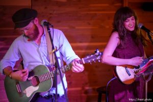 (Trent Nelson  |  The Salt Lake Tribune) Little Lonesome (Chase Gillins and Steph Thomas) performs at the Carriage House Sessions open mic night at Cafe 140B in Salt Lake City on Monday, July 3, 2023.