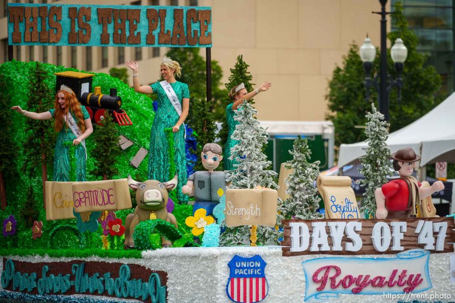 (Trent Nelson  |  The Salt Lake Tribune) A float carrying the Union Pacific Royalty at the Days of '47 Parade in Salt Lake City on Monday, July 24, 2023.