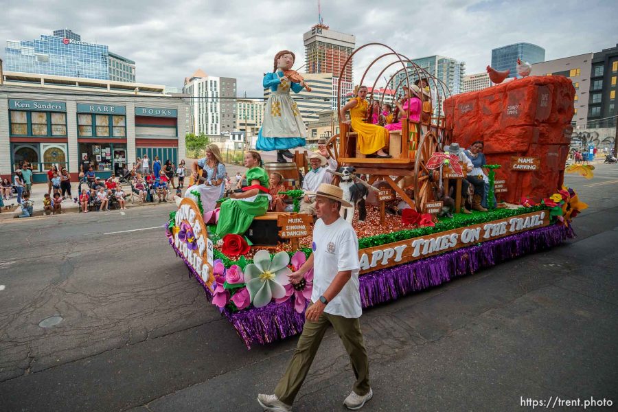(Trent Nelson  |  The Salt Lake Tribune) A pioneer-themed float from Salt Lake Holladay North Stake at the Days of '47 Parade in Salt Lake City on Monday, July 24, 2023.