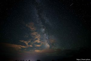 meteor showers and Milky Way near Balance Rock, Arches National Park on Sunday, Aug. 13, 2023.