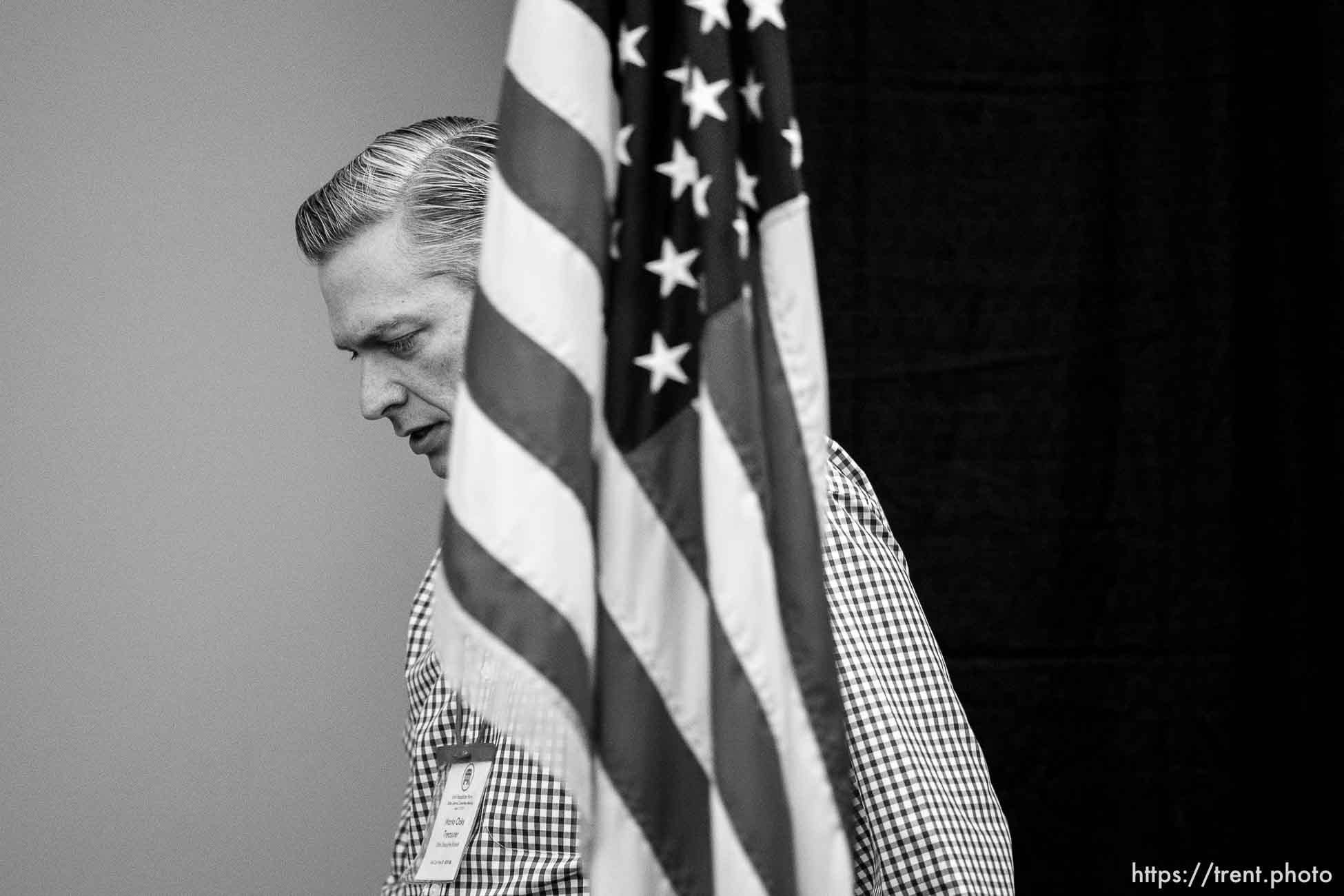 (Trent Nelson  |  The Salt Lake Tribune) Utah State Treasurer Marlo Oaks speaks as the Utah Republican Party holds its quarterly State Central Committee meeting in Sandy on Saturday, Aug. 19, 2023.