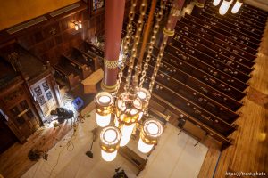 (Trent Nelson  |  The Salt Lake Tribune) Bob Coutts strips wax from the wood floor at the Cathedral of Madeleine in Salt Lake City on Tuesday, Aug. 22, 2023.