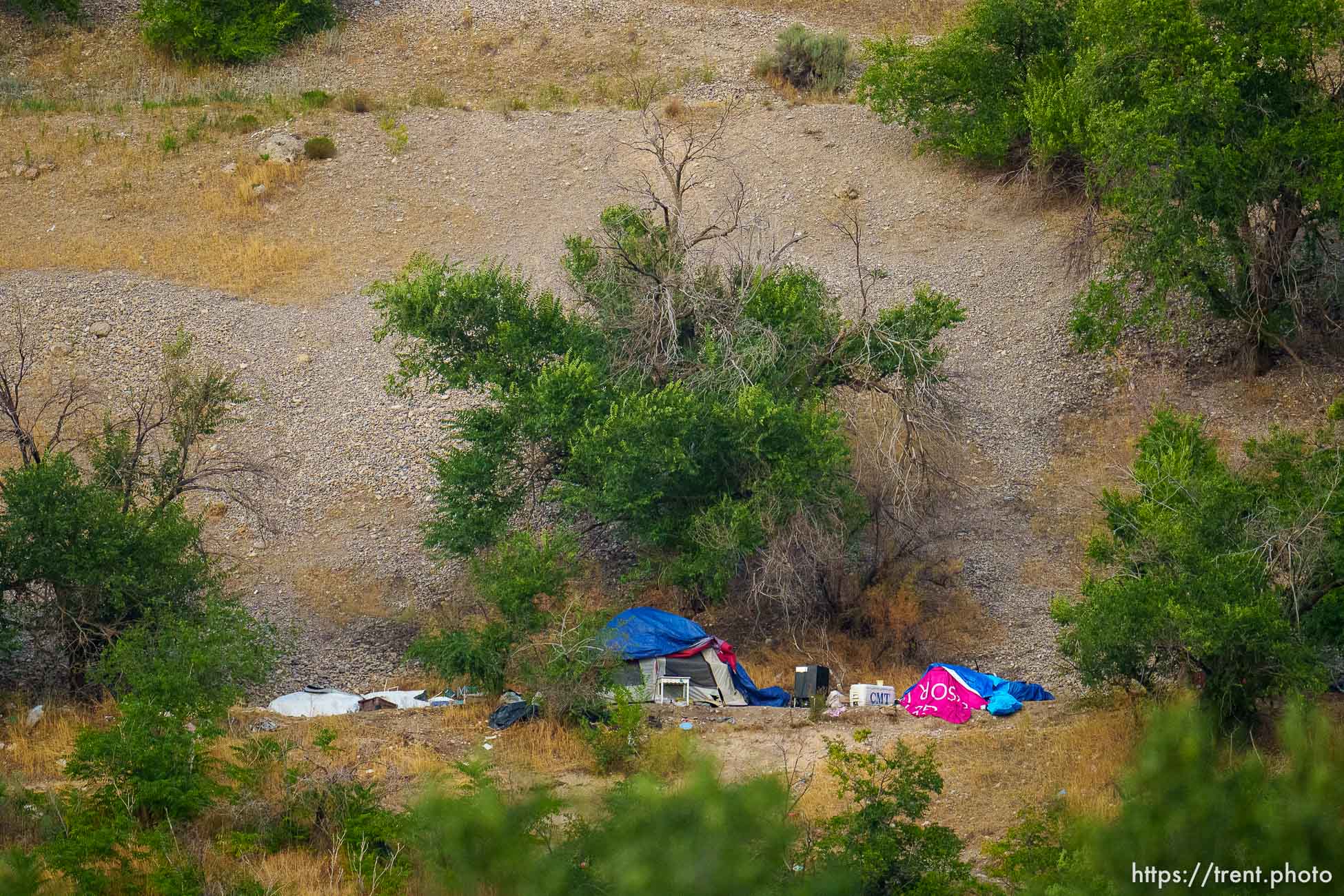 (Trent Nelson | The Salt Lake Tribune) A campsite along a hillside in Salt Lake City on Wednesday, Aug. 23, 2023.