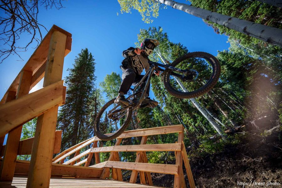 (Trent Nelson  |  The Salt Lake Tribune) A mountain bike rider on the new freeride trail Cobalt Cruise at Solitude Mountain Resort on Friday, Sept. 8, 2023.