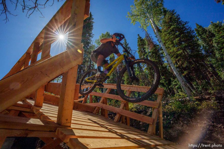 (Trent Nelson  |  The Salt Lake Tribune) A rider on the new freeride trail Cobalt Cruise at Solitude Mountain Resort on Friday, Sept. 8, 2023.