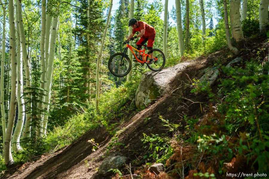 (Trent Nelson  |  The Salt Lake Tribune) A mountain bike rider on the new tech trail Holy Schist at Solitude Mountain Resort on Friday, Sept. 8, 2023.