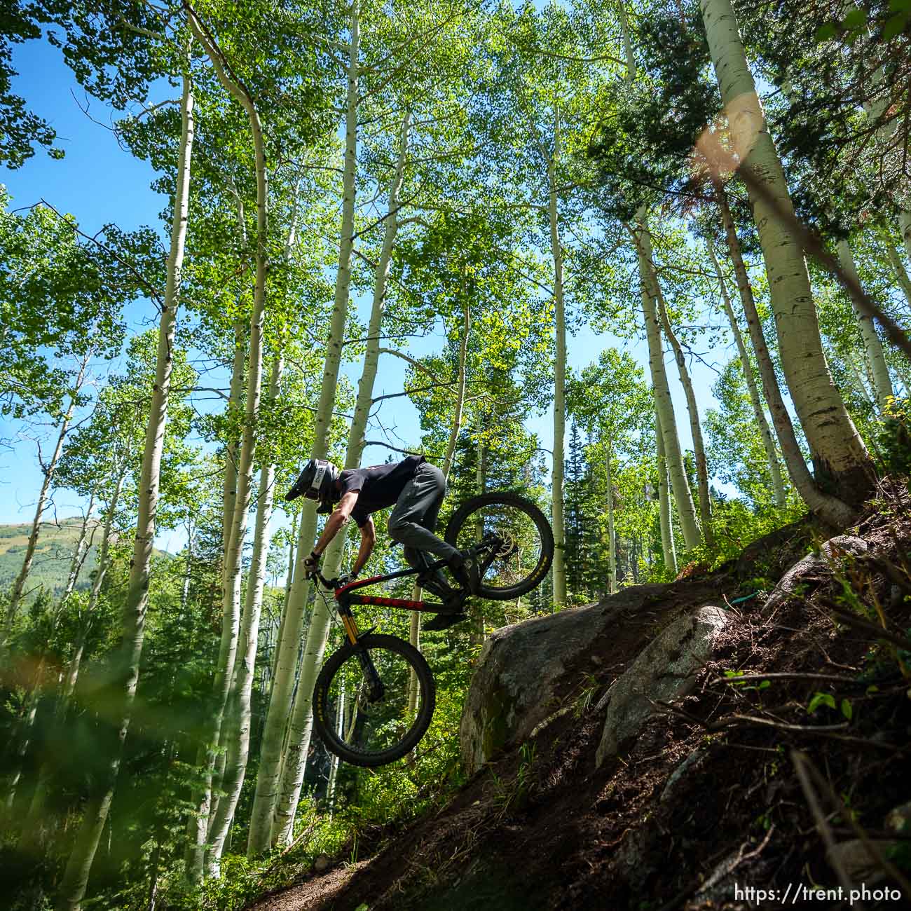 (Trent Nelson  |  The Salt Lake Tribune) A mountain bike rider on the new tech trail Holy Schist at Solitude Mountain Resort on Friday, Sept. 8, 2023.