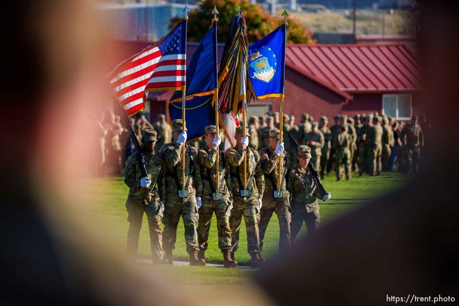 (Trent Nelson  |  The Salt Lake Tribune) An honor guard at Utah National Guard Governor's Day at Camp Williams on Saturday, Sept. 9, 2023.