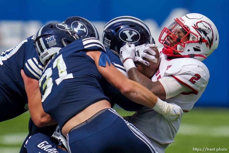 (Trent Nelson  |  The Salt Lake Tribune) Southern Utah Thunderbirds wide receiver Timothy Patrick (2) is tackled by a group of defenders as BYU hosts Southern Utah University, NCAA football in Provo on Saturday, Sept. 9, 2023.