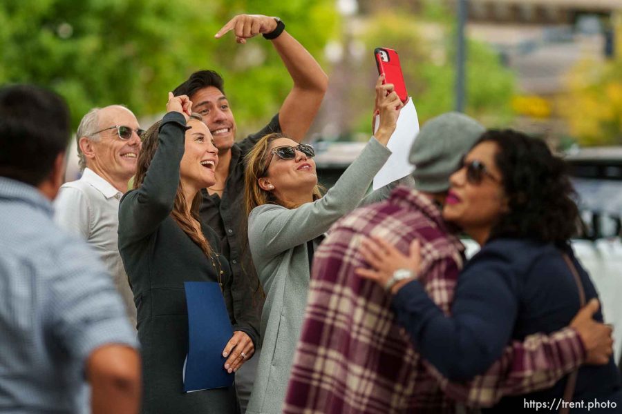 (Trent Nelson  |  The Salt Lake Tribune) Dan Dugan, Erin Mendenhall, Alejandro Puy and Ana Valdemoros pose for a selfie as Salt Lake City officials announce the 2023 fall edition of SLC Open Streets, on Wednesday, Sept. 13, 2023.