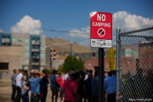 (Trent Nelson  |  The Salt Lake Tribune) A no camping sign as the site of a future legal homeless camp is announced in Salt Lake City on Thursday, Sept. 14, 2023.